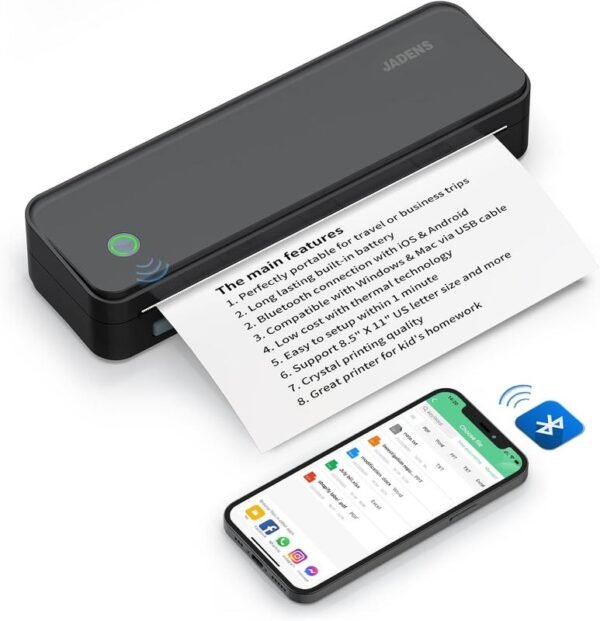 JADENS Portable Wireless Printer – Bluetooth Thermal Printer for Travel, Inkless Printing, Supports 8.5"×11" US Letter Size